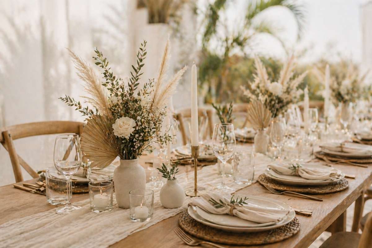 Minimal bohemian wedding table decor with soft florals