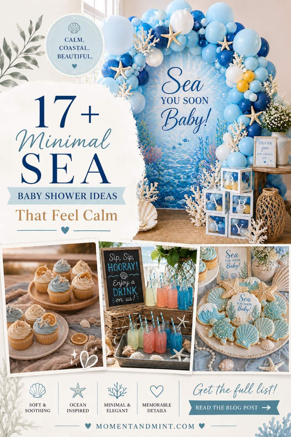 Minimal sea baby shower ideas with elegant ocean-themed backdrop, seashell cookies, coastal desserts, and blue party decorations.
