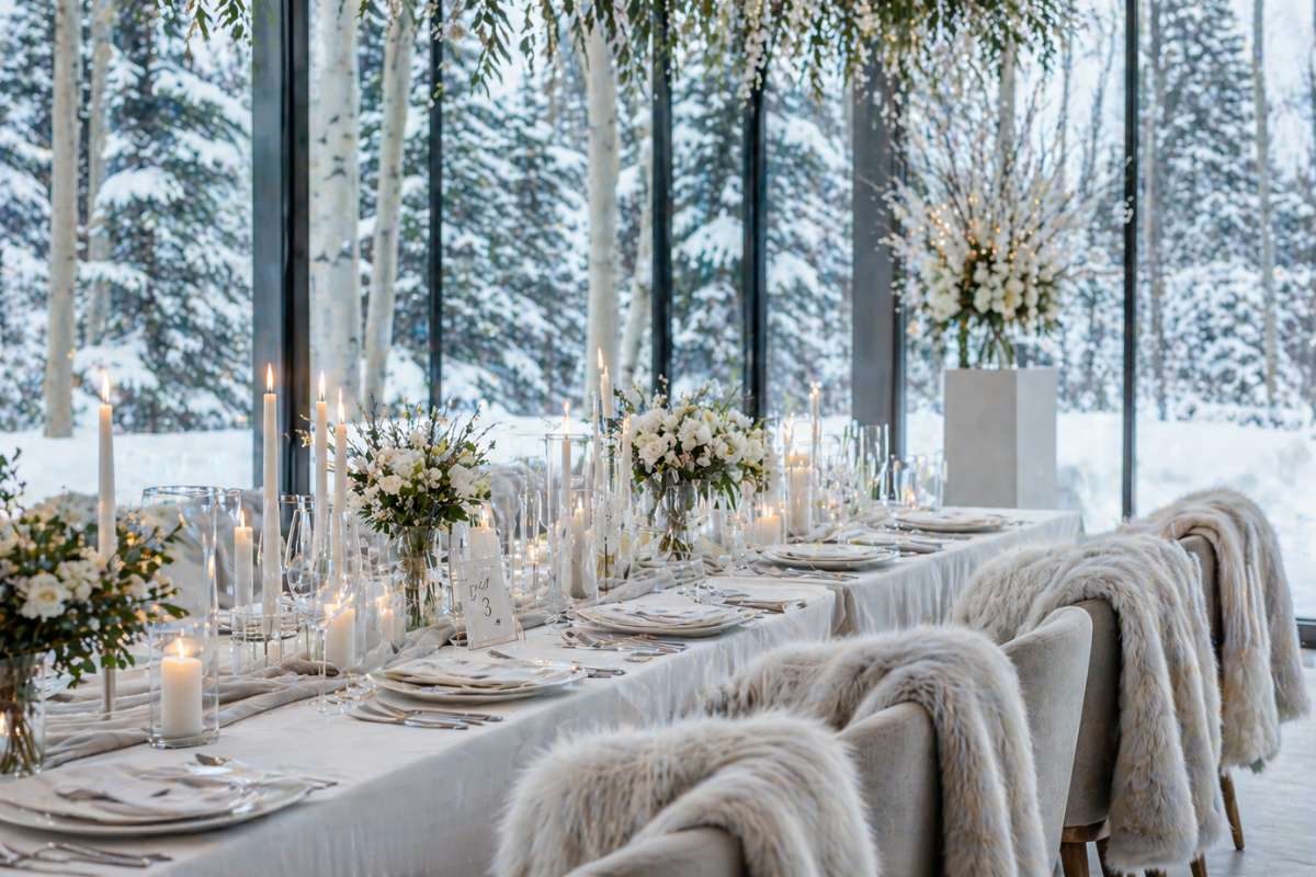 minimalist winter wedding table with neutral decor, candles, and snowy outdoor backdrop