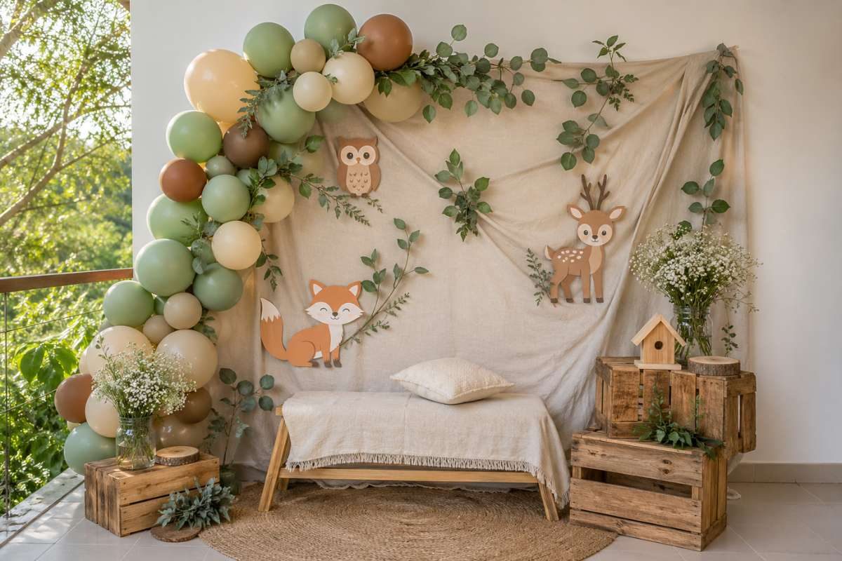 Minimalist woodland baby shower backdrop with neutral fabric, greenery, wooden crates, and forest animal decor