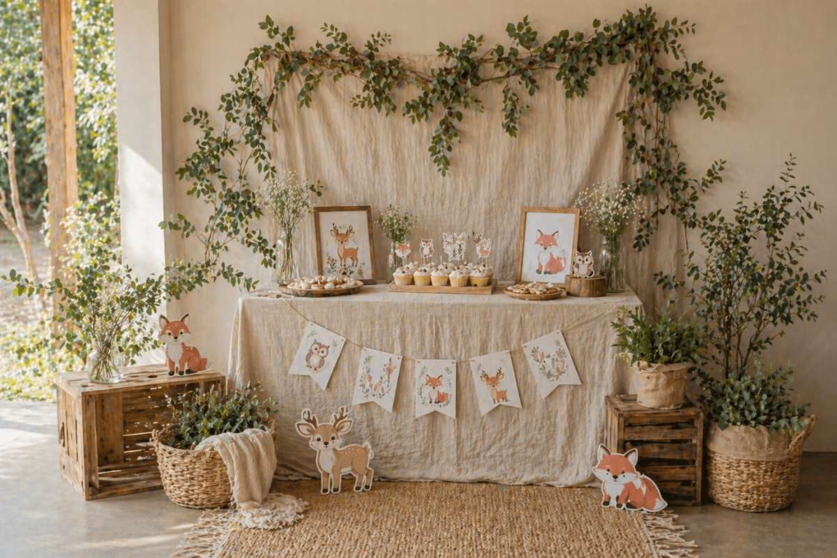 Minimalist woodland baby shower setup with neutral tones, greenery, and wooden decor