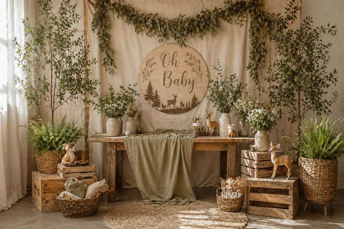 Minimalist woodland baby shower backdrop with Oh Baby sign, greenery, and neutral decor