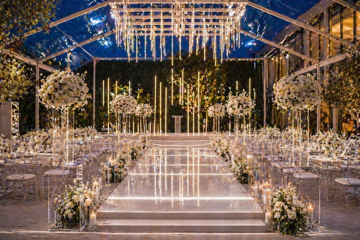 modern wedding setup with transparent chairs, LED lighting, and sleek aisle design