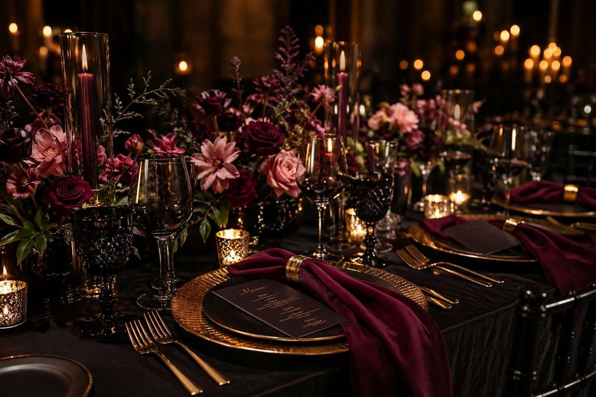 dark romantic wedding table with candles, deep florals, and gold accents