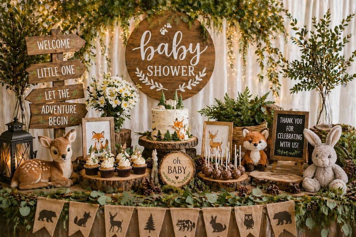 Woodland baby shower dessert table with wildflowers, greenery, and forest animal decorations