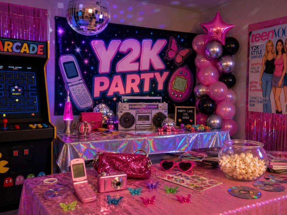 Colorful Y2K retro-themed party setup featuring disco balls, arcade games, metallic table décor, neon accents, butterfly decorations, flip phones, and nostalgic early 2000s party elements in a vibrant indoor celebration space.