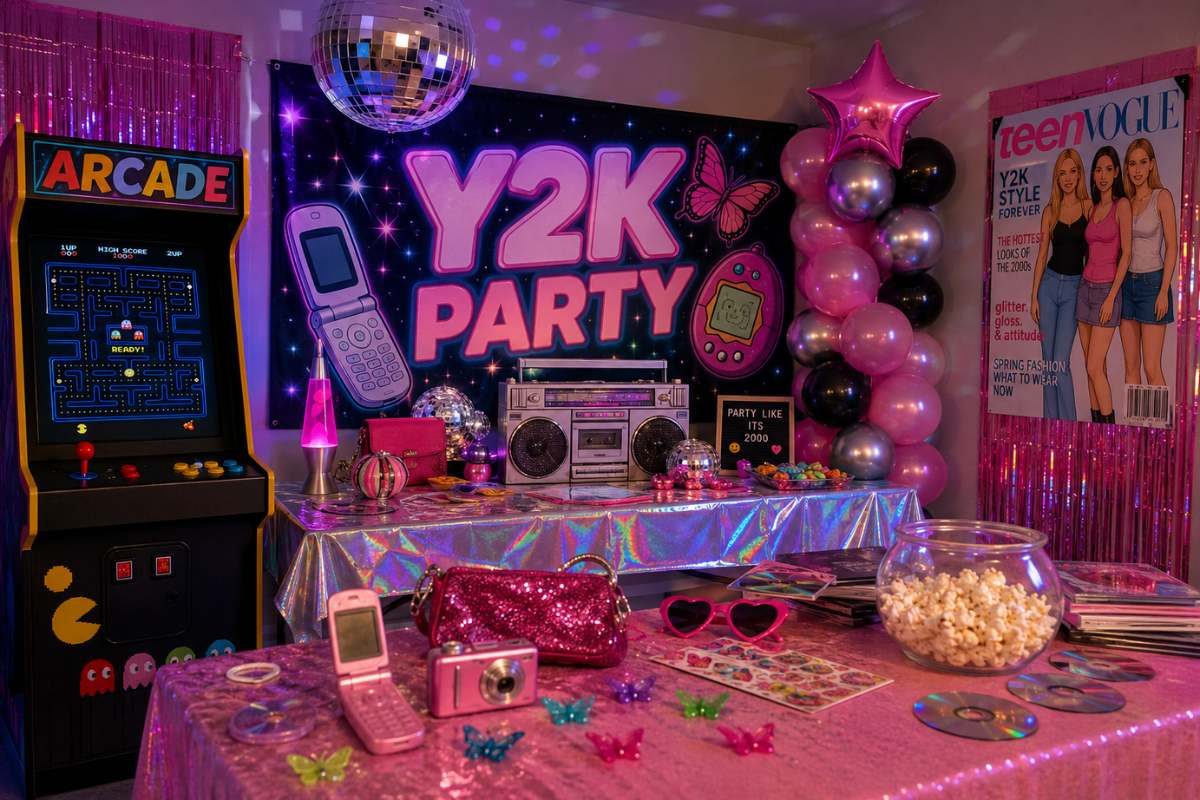 Colorful Y2K retro-themed party setup featuring disco balls, arcade games, metallic table décor, neon accents, butterfly decorations, flip phones, and nostalgic early 2000s party elements in a vibrant indoor celebration space.