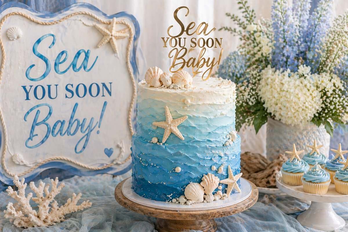Ocean-inspired Sea You Soon baby shower cake with blue ombre frosting, seashells, and starfish decorations.