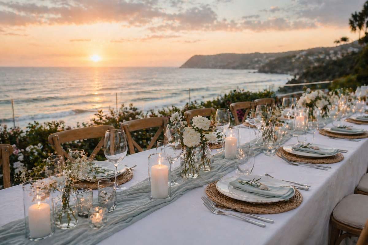 Wedding table setup with ocean view and minimal decor