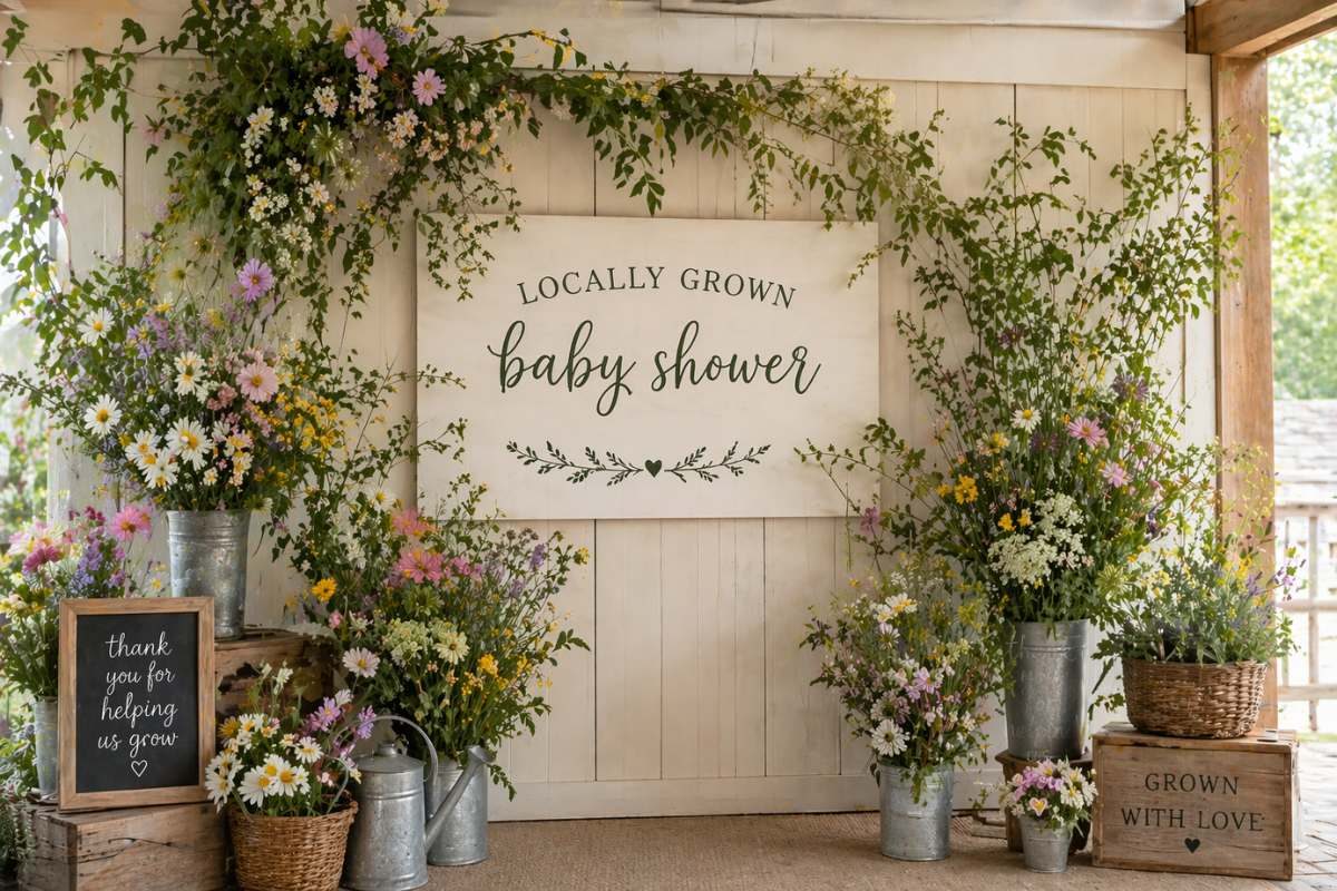 Organic flower backdrop for a locally grown baby shower featuring wildflowers, greenery, and rustic floral arrangements.