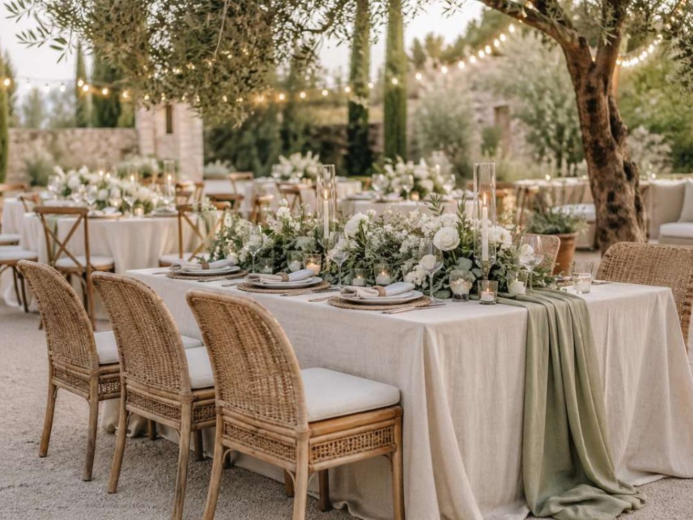 outdoor wedding reception with wooden chairs, neutral linens, and greenery decorations