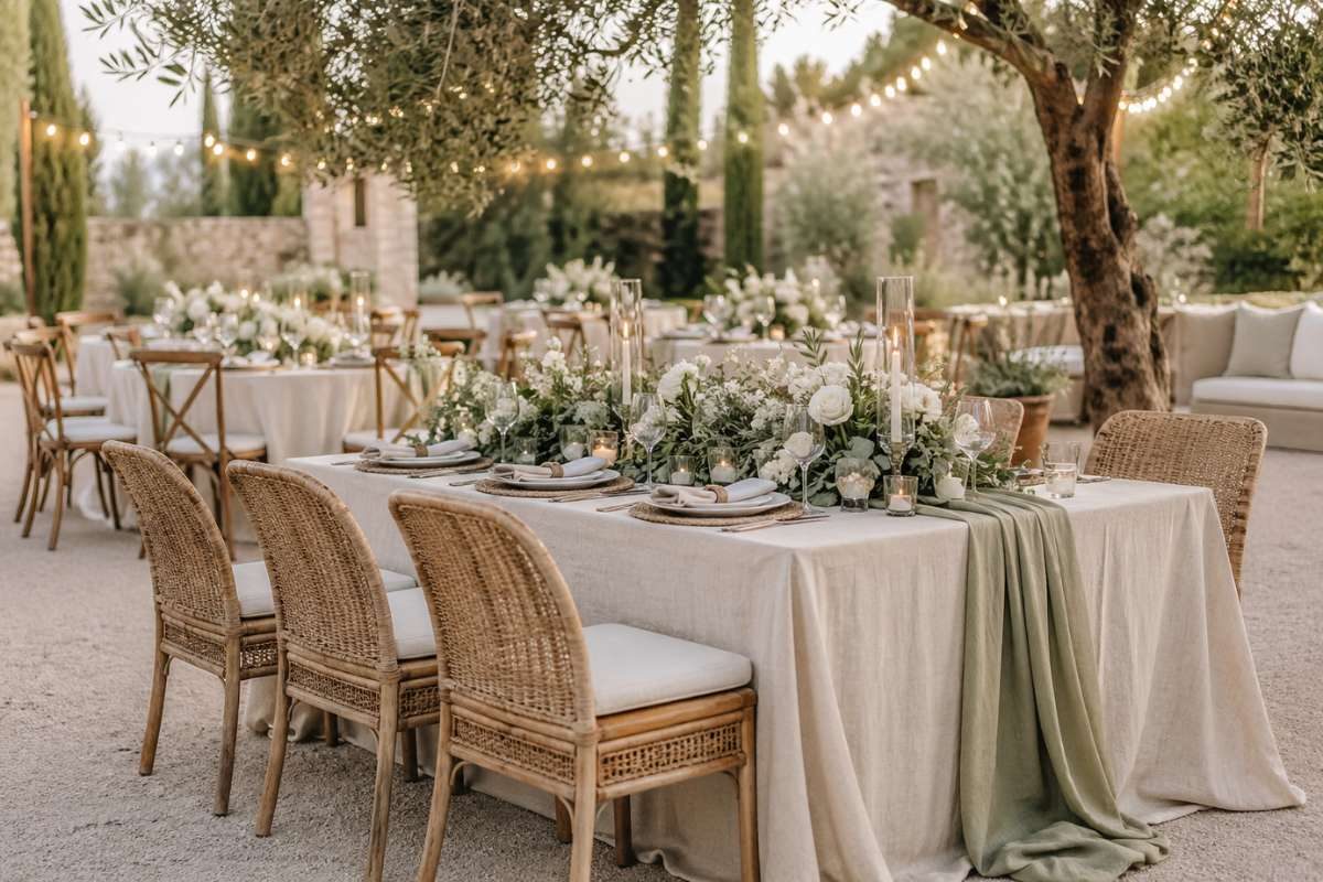 outdoor wedding reception with wooden chairs, neutral linens, and greenery decorations