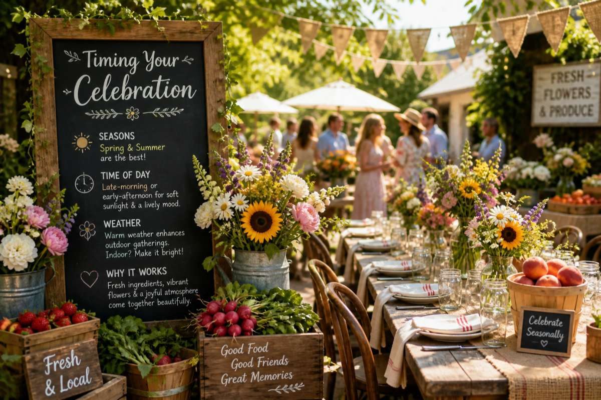 Outdoor bridal shower setup with seasonal flowers and rustic decor