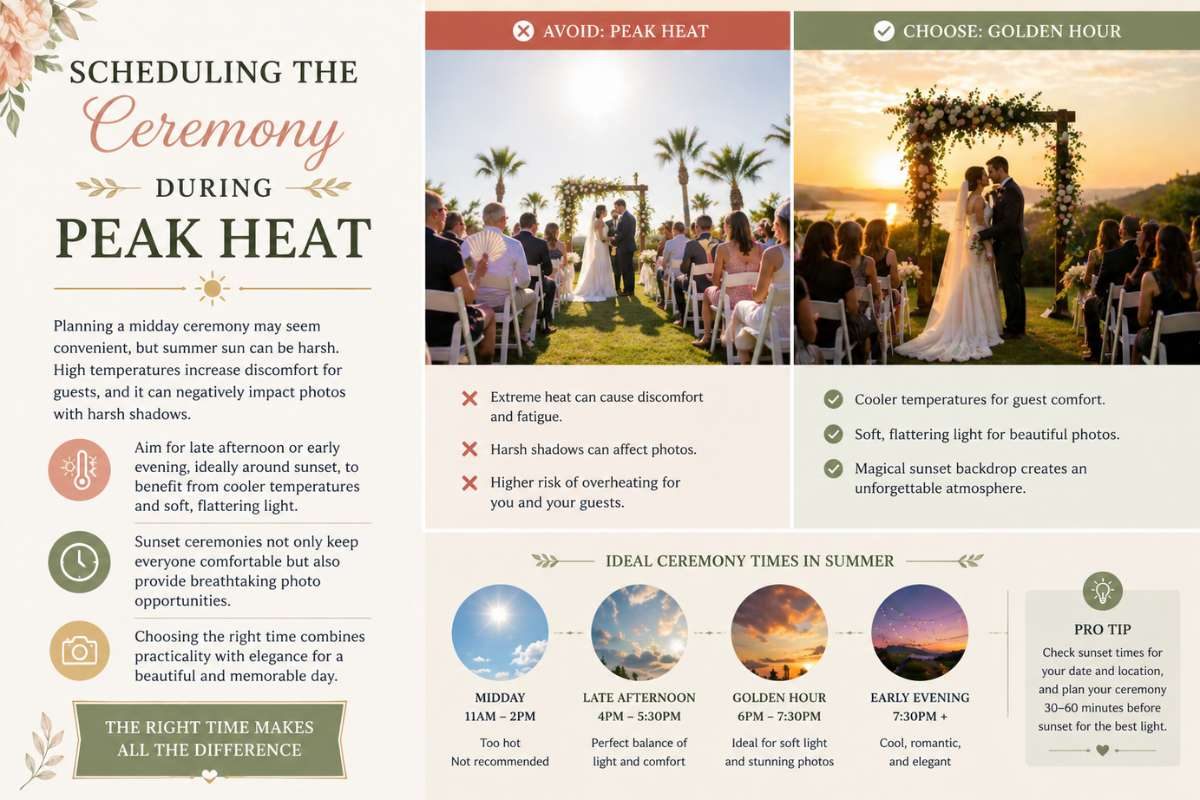 comparison of midday outdoor wedding and golden hour ceremony lighting
