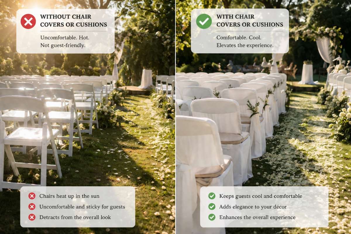 outdoor wedding chairs without cushions versus covered chairs for guest comfort