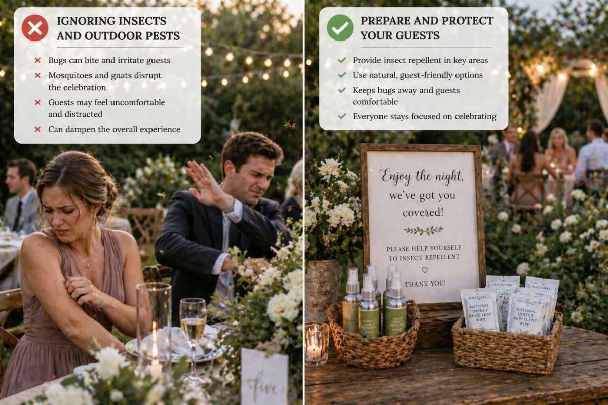 wedding guests bothered by insects and insect repellent station setup