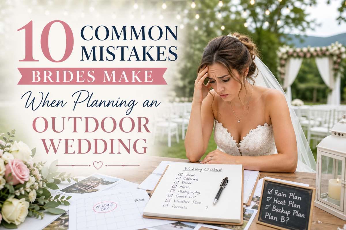 bride stressed planning outdoor wedding with checklist and decorations