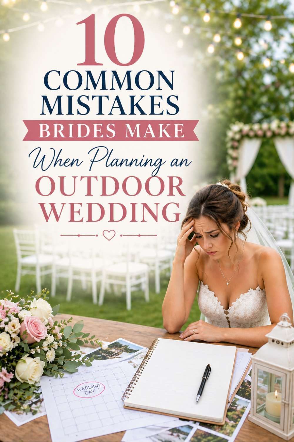 Bride and groom at an outdoor wedding ceremony with elegant garden décor, highlighting common outdoor wedding planning mistakes to avoid for a stress-free celebration.