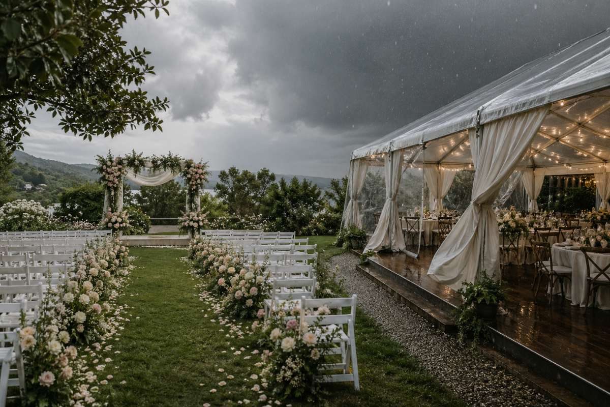 outdoor wedding setup with tent backup plan during rainy weather