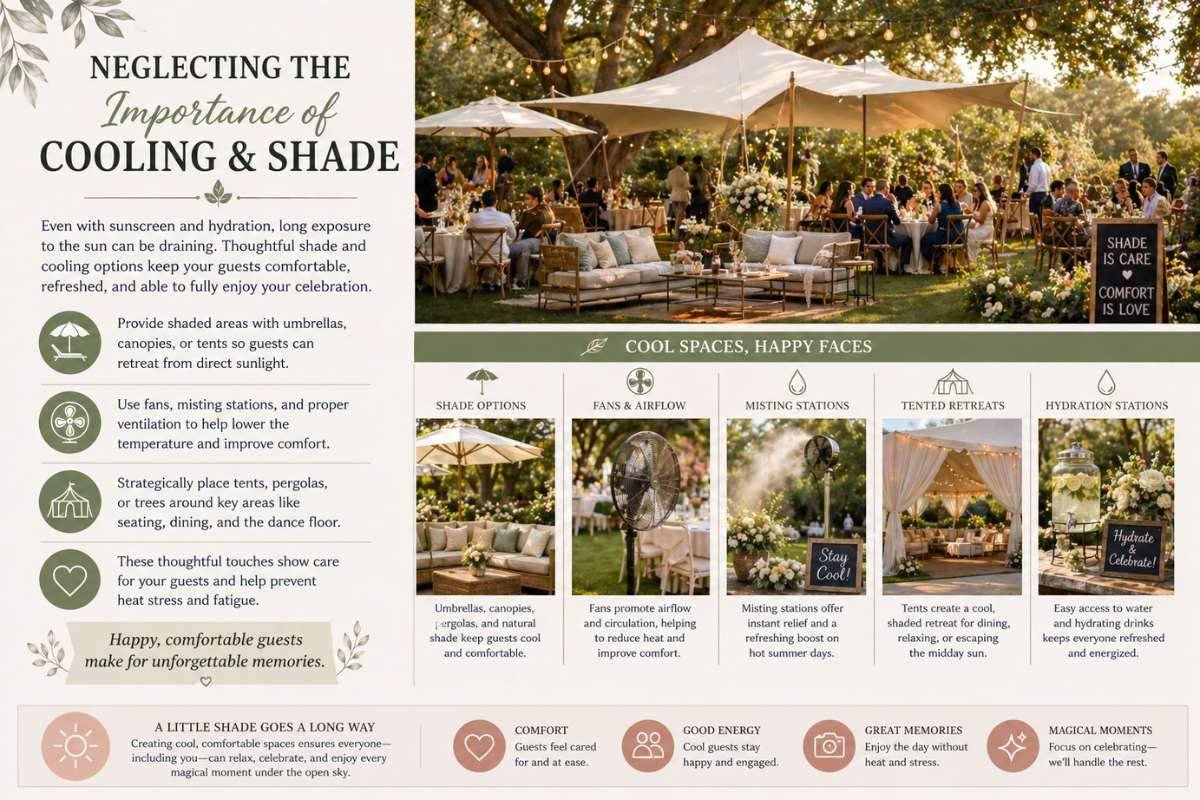 outdoor wedding reception with shade tents fans and cooling stations