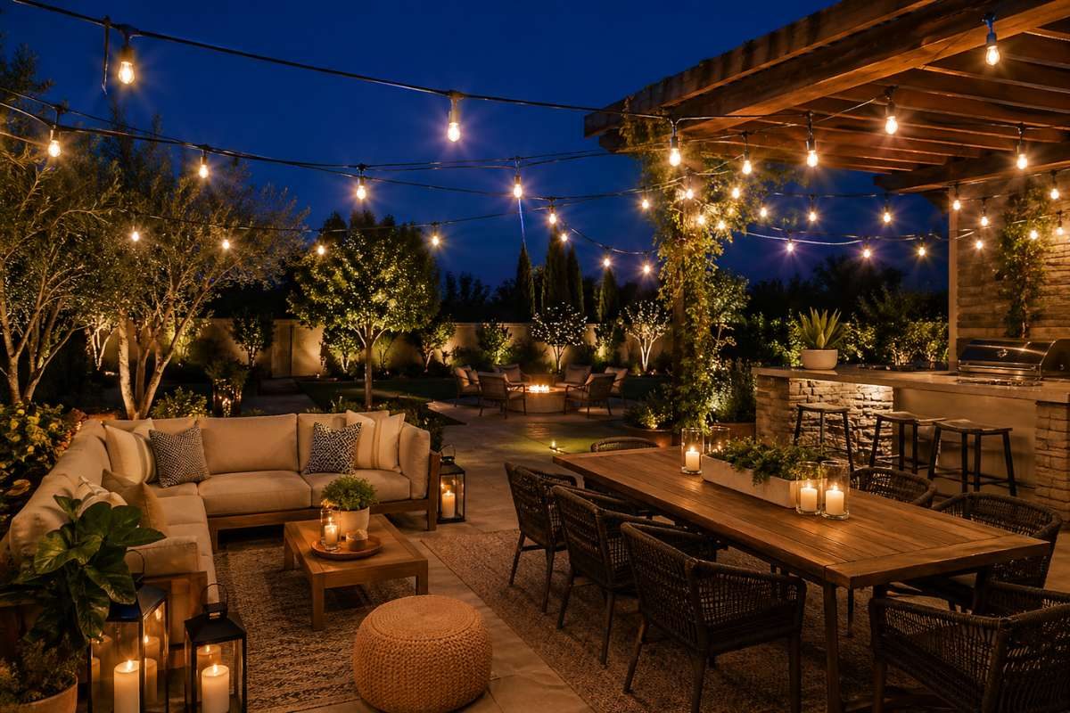 outdoor wedding space with string lights, wooden table, and cozy evening ambiance