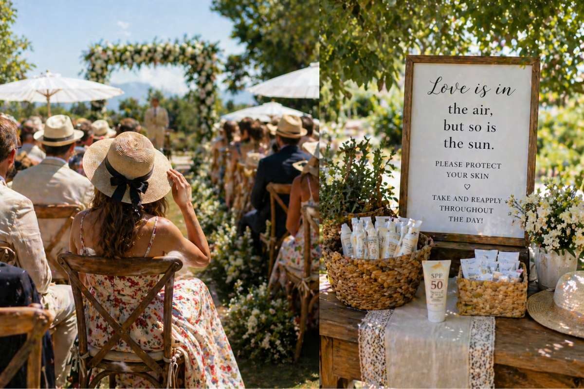 wedding guests under sun with sunscreen station and outdoor ceremony setup