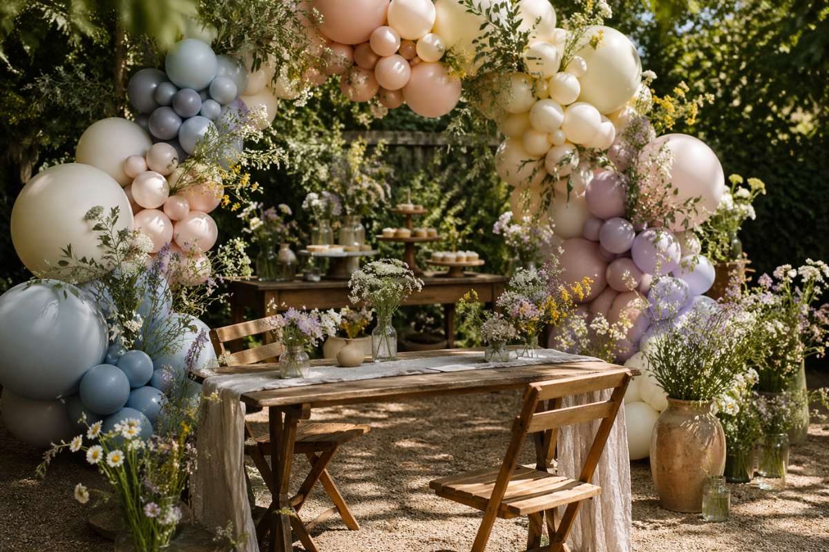 Pastel balloon arch with wildflower baby shower garden party setup