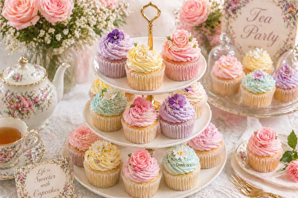 colorful cupcakes with pastel frosting on elegant dessert table