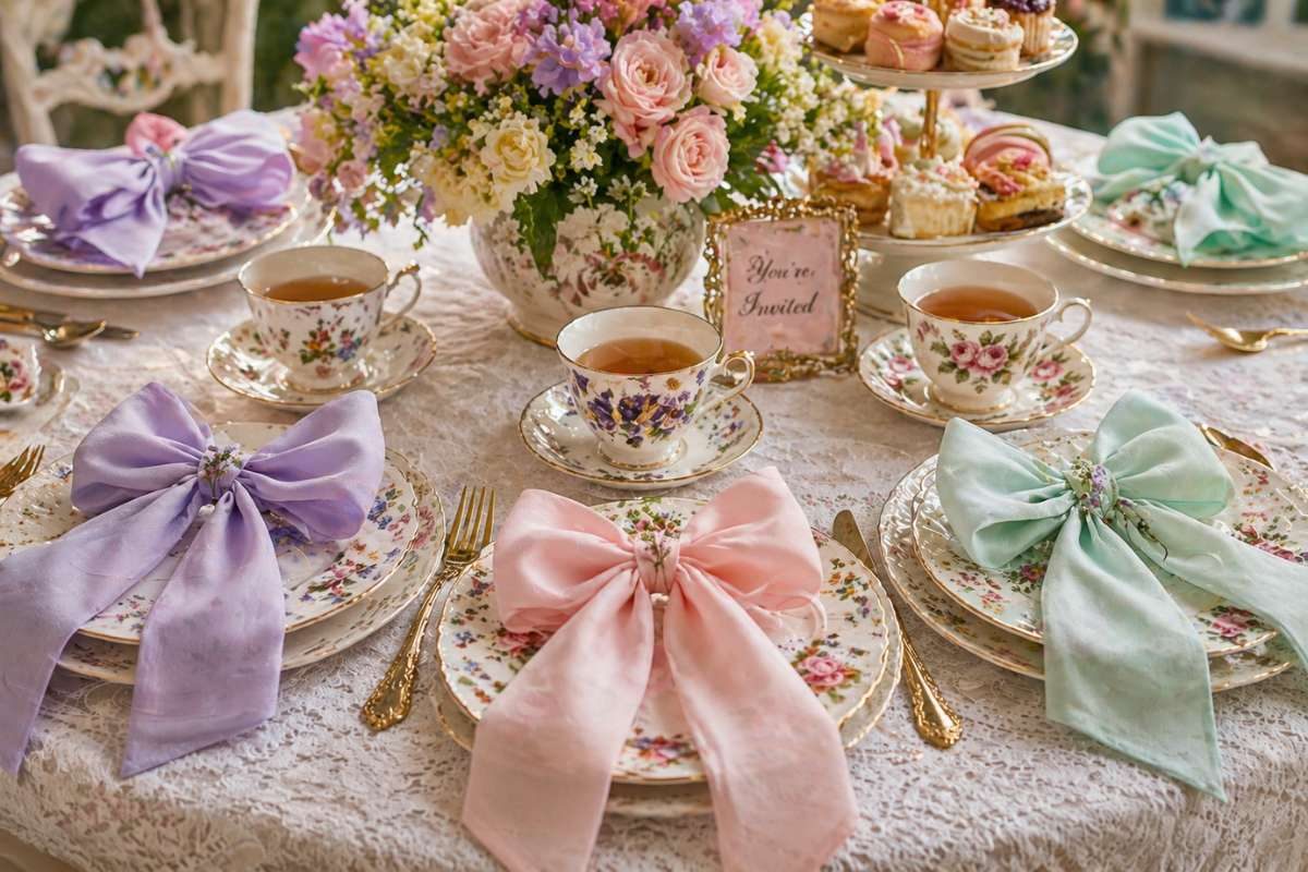 pastel napkins folded into bows on elegant tea party table setting