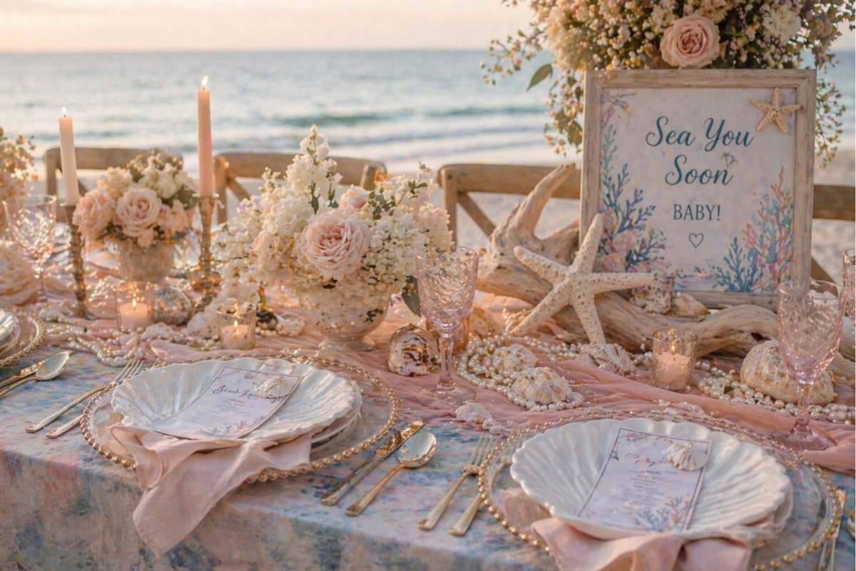 Pastel pearl and shell coastal baby shower tablescape with blush and blue decor accents.