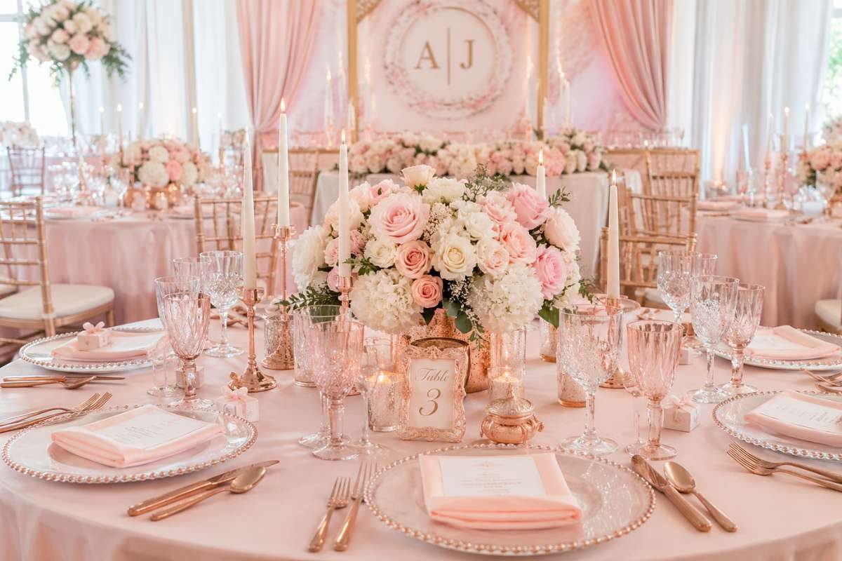 Wedding table decor with pastel colors and rose gold accents