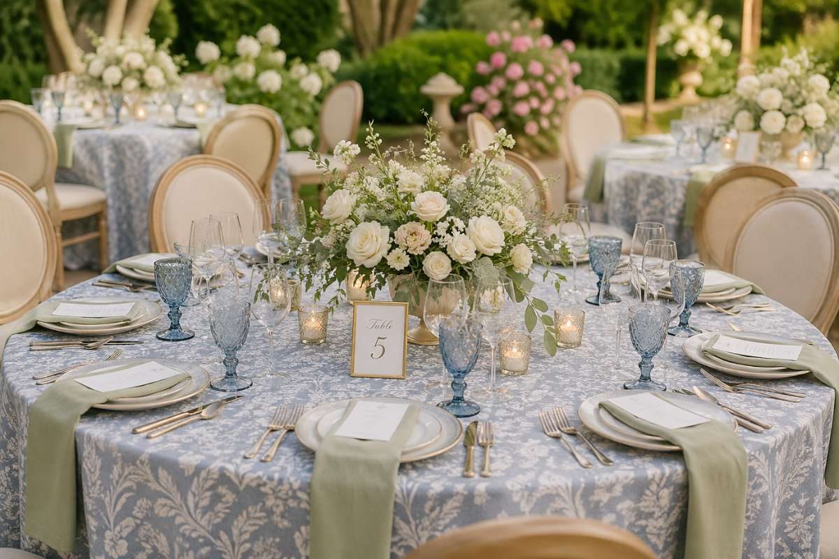 patterned dusty blue tablecloth with sage accents and floral decor