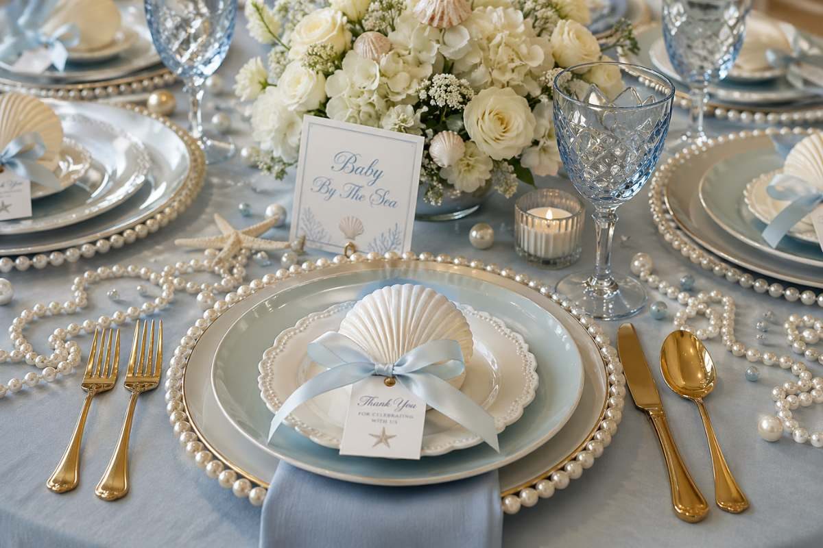 Pearl-accented coastal baby shower table setting with gold flatware and shell decor.