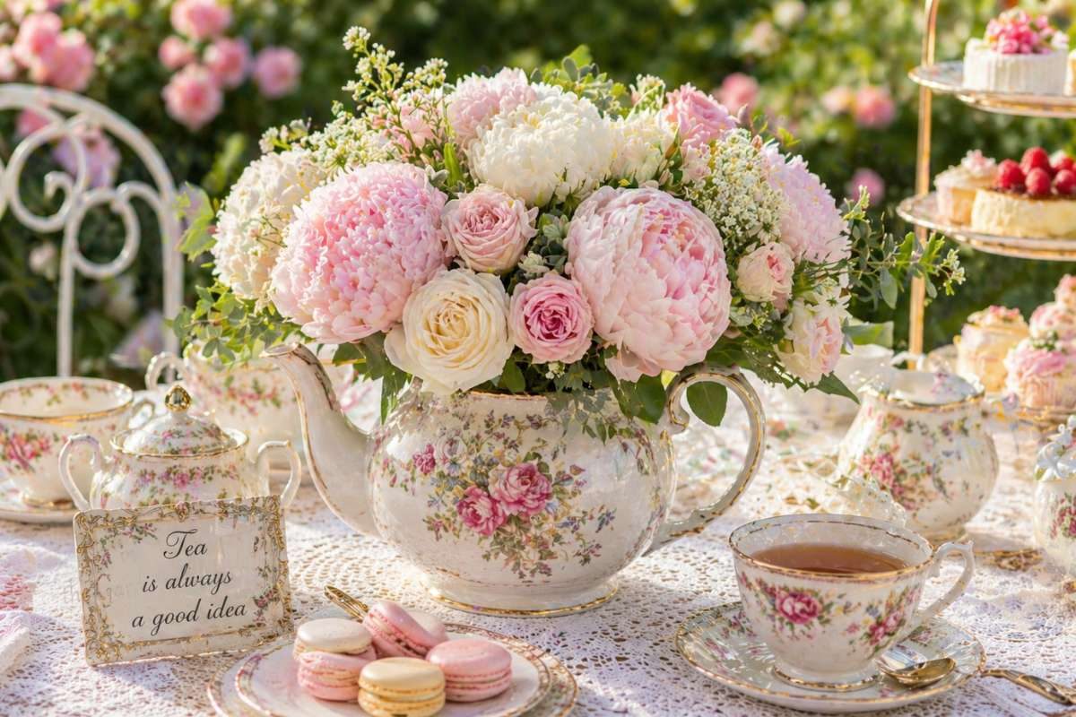 Pink peonies and roses arranged in a vintage floral teapot centerpiece for an elegant tea party