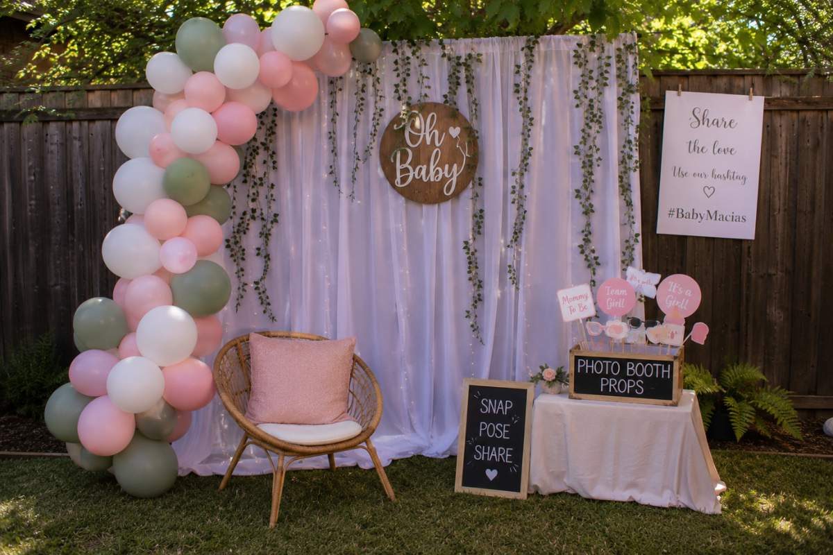 DIY backyard baby shower photo booth with a pastel balloon garland, white curtain backdrop, wicker chair, "Oh Baby" sign, photo booth props, and personalized hashtag sign for guests.