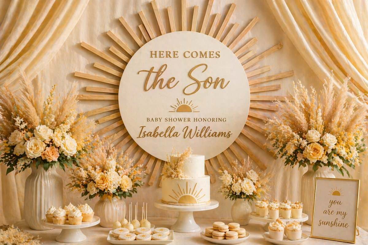 Personalized Here Comes the Son baby shower sign with wooden sun rays