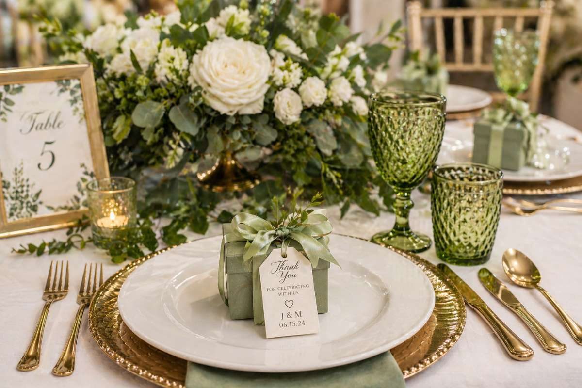Wedding table with personalized favors and gift boxes