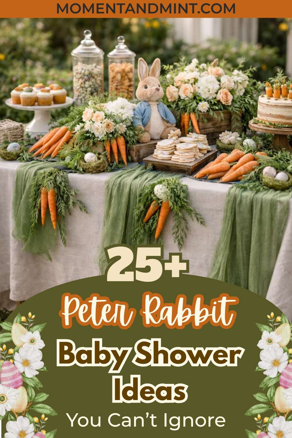 Elegant Peter Rabbit baby shower dessert table with bunny decorations, fresh flowers, carrot accents, cookies, cupcakes, and rustic garden styling.