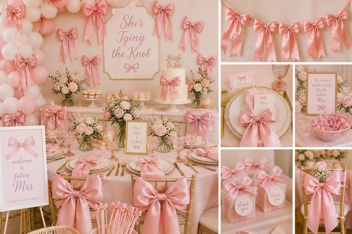 Romantic pink bow bridal shower table setup with balloons, ribbons, and elegant place settings