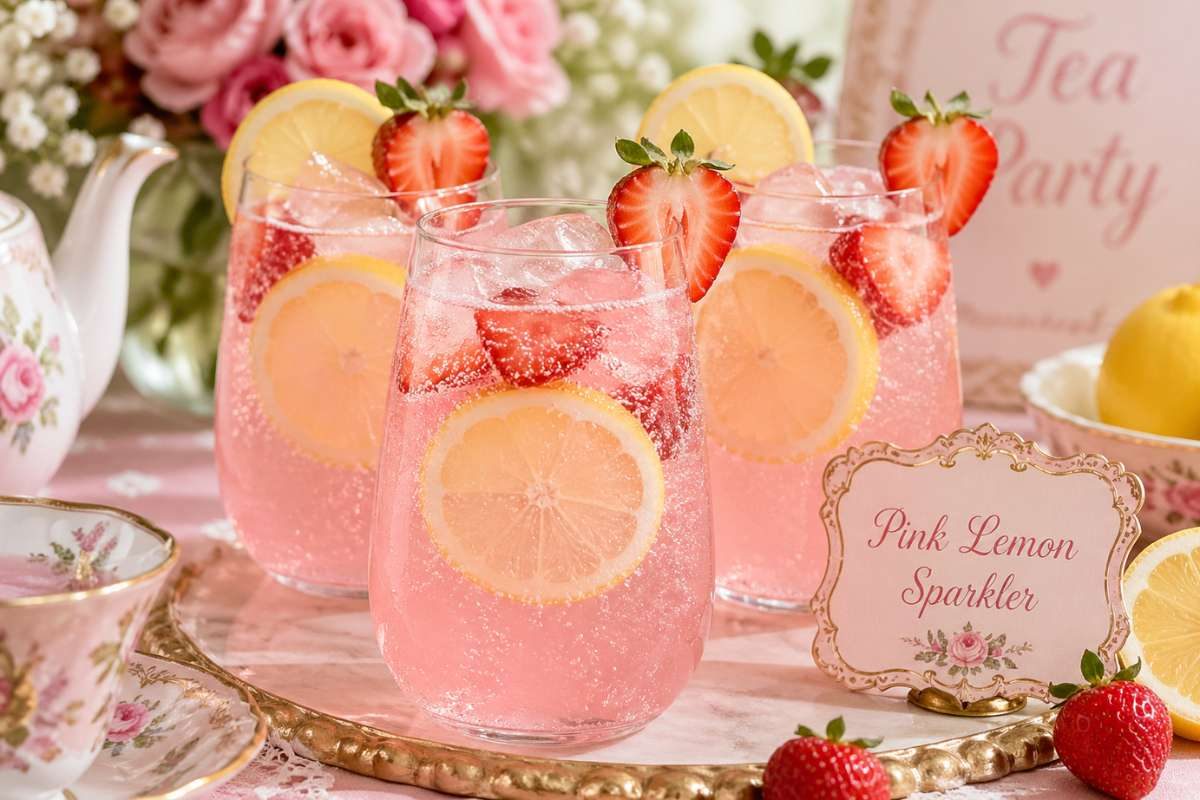 Pink lemon sparkling drink with strawberries and lemon slices served at a vintage tea party