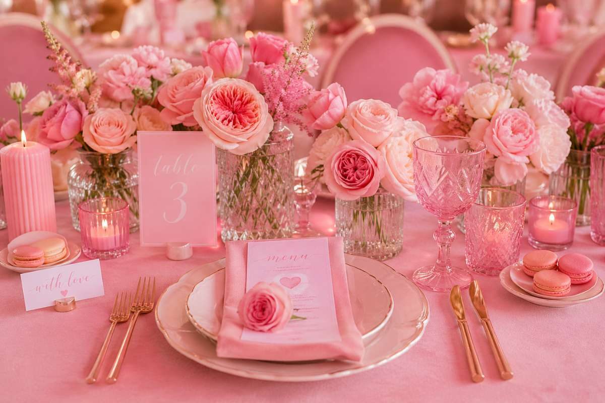 Romantic pink wedding table decor with blush tones and floral centerpieces