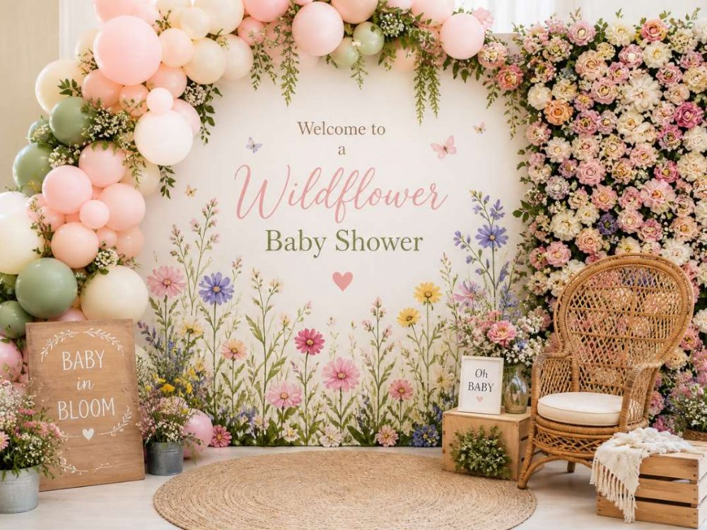 Pink wildflower baby shower backdrop with balloon garland and floral wall decor