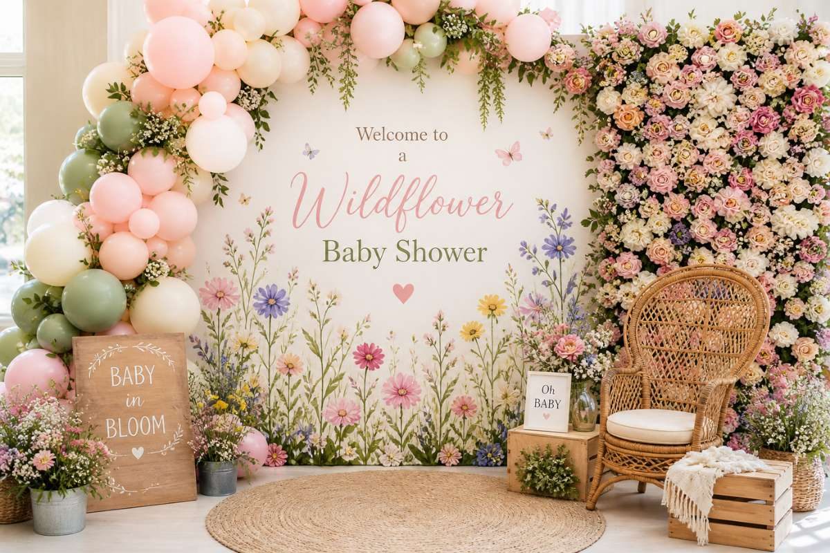 pink wildflower baby shower backdrop