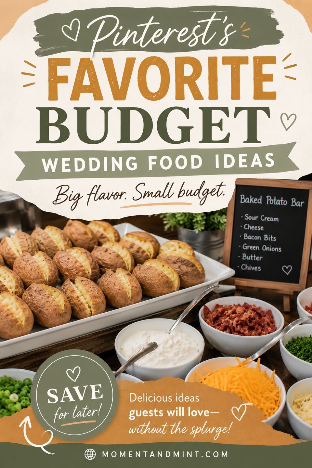 Close-up Pinterest pin featuring a budget-friendly wedding baked potato bar with fluffy baked potatoes and toppings including cheese, bacon, sour cream, green onions, and chives, highlighting elegant yet affordable wedding reception food ideas.