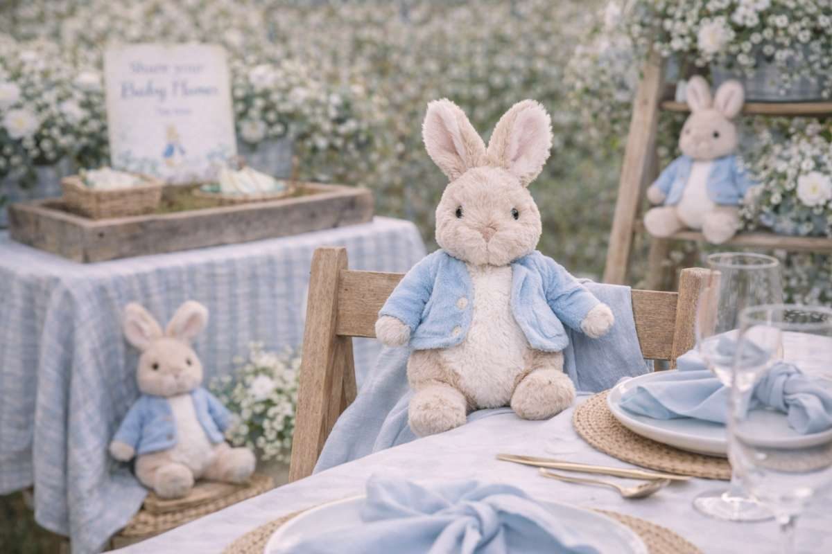 Soft bunny plush toys used as decorative accents on tables and chairs