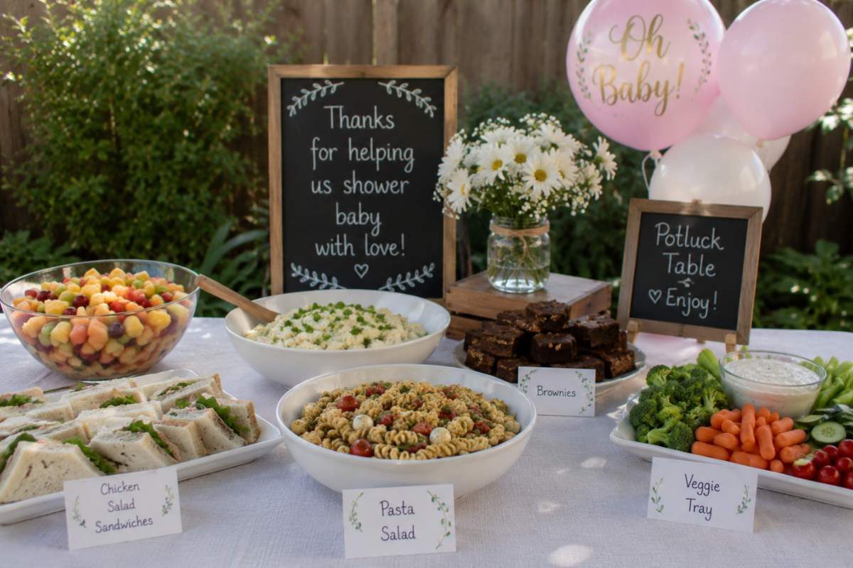 Backyard baby shower potluck food table with homemade pasta salad, chicken salad sandwiches, fresh fruit salad, vegetable tray, brownies, floral centerpieces, and chalkboard signs in a cozy outdoor setting.