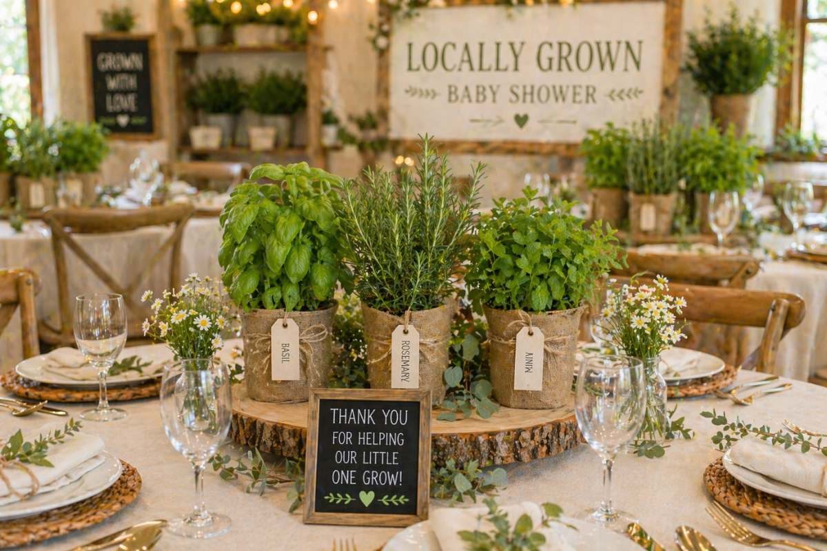 Potted herb table centerpiece ideas for a locally grown baby shower with basil, rosemary, and mint plants.