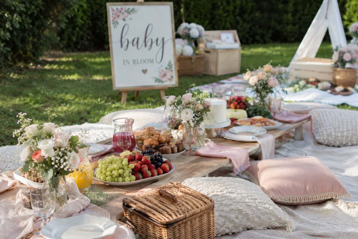 Relaxed brunch picnic baby shower setup featuring low wooden tables, soft blankets, floor cushions, fresh fruit platters, pastries, floral arrangements, and elegant outdoor garden décor.