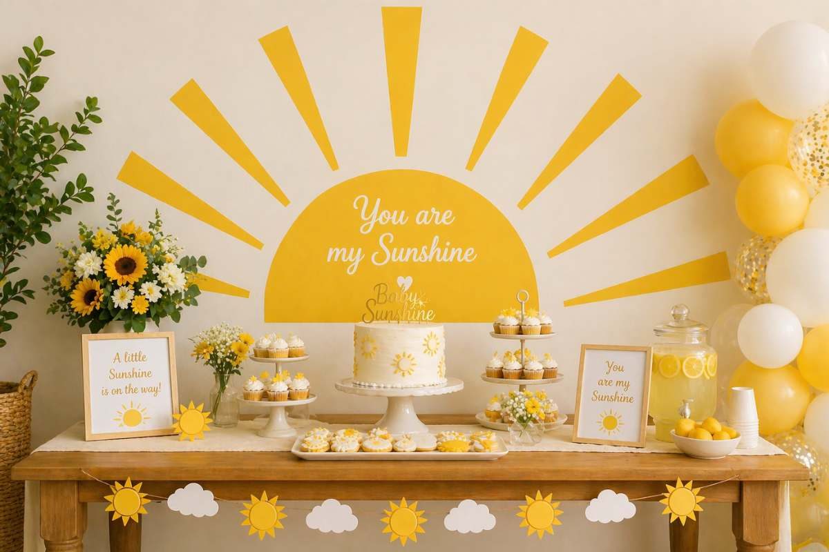 Yellow sun ray wall decals behind dessert table for Here Comes the Son baby shower