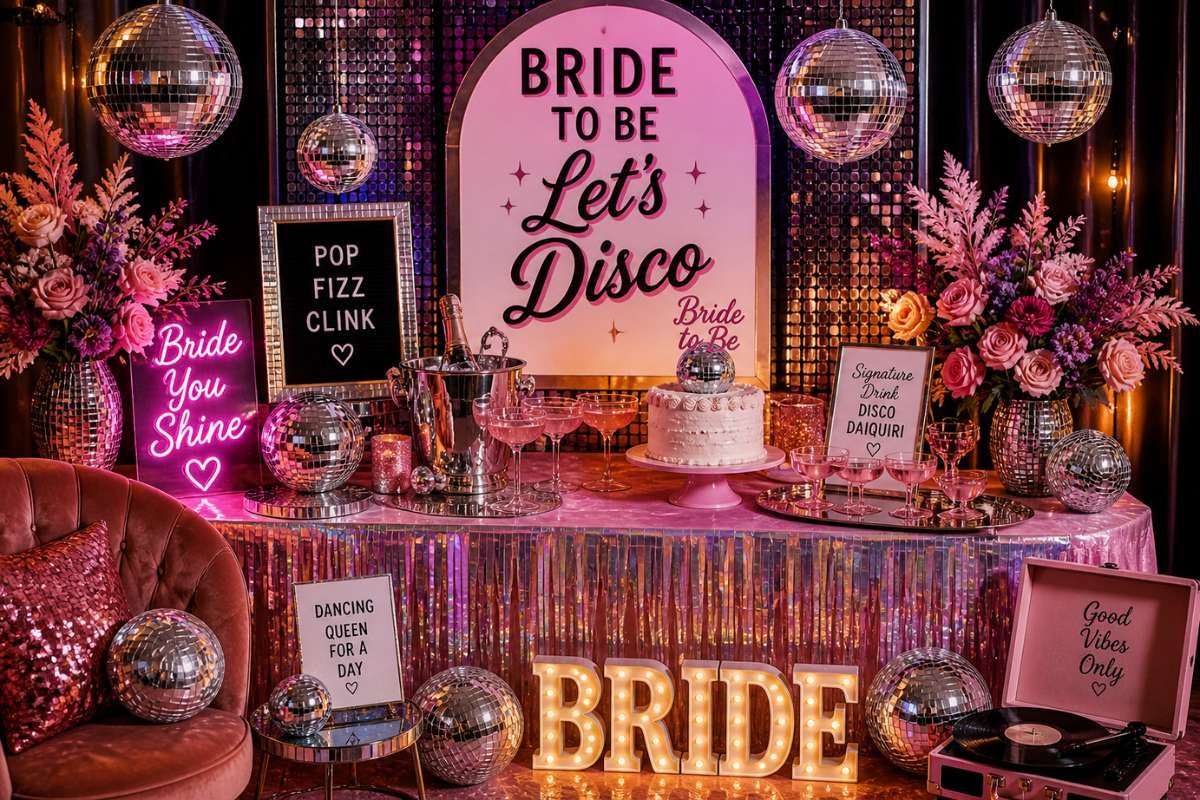 Retro glam bridal shower with disco balls, neon signs, and pink party decor
